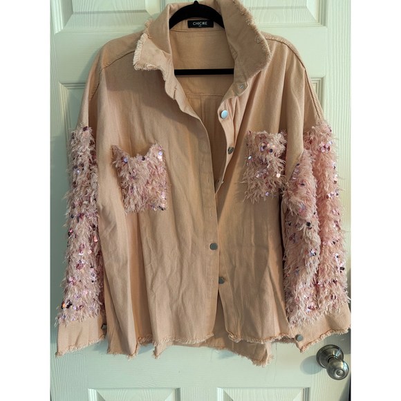 Chicme, User: None Jackets & Blazers - Chicme, User: None ChicMe Pink Denim Jacket with Sequin and Fringe Sleeves XXL